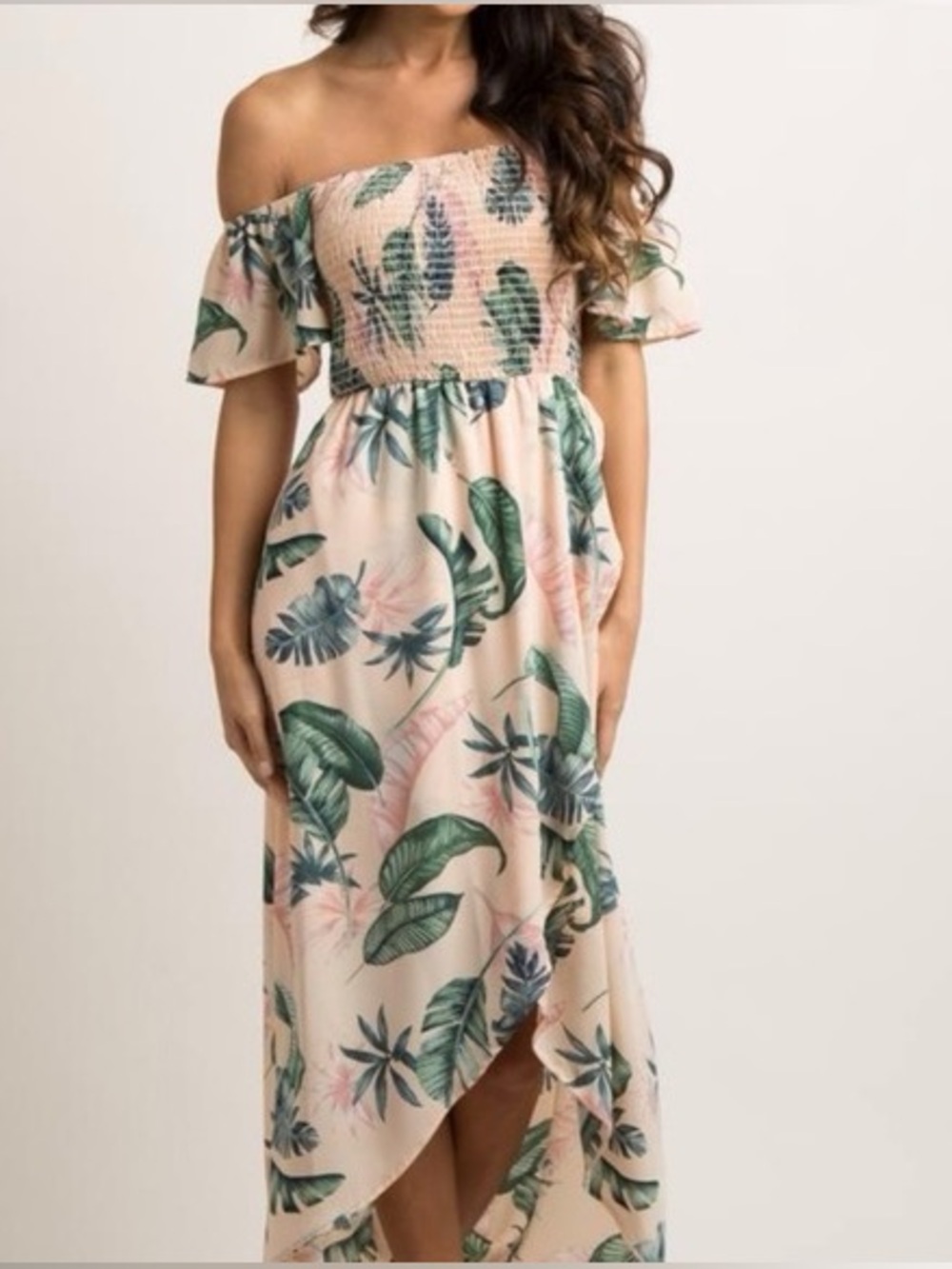 Pinkblush XL Peach Leaf Print Smocked Off Shoulder Maternity High-Low Dress